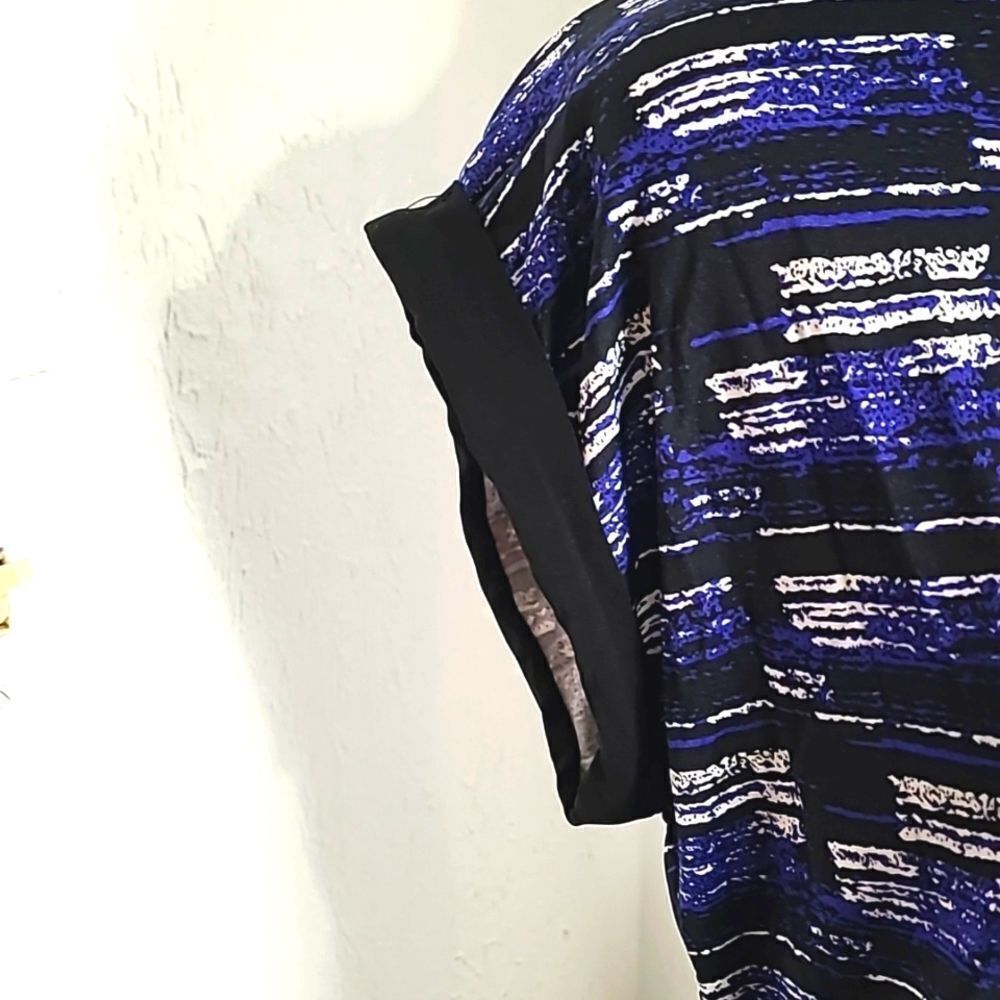 Mandy Evans Navy, Black & White Print Top, Aysemetrical Hem with Belt, Sz Large - Picture 5 of 9
